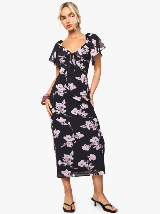 boohoo Dames Bloemenchiffon Plunge Maxi-jurk Zwart