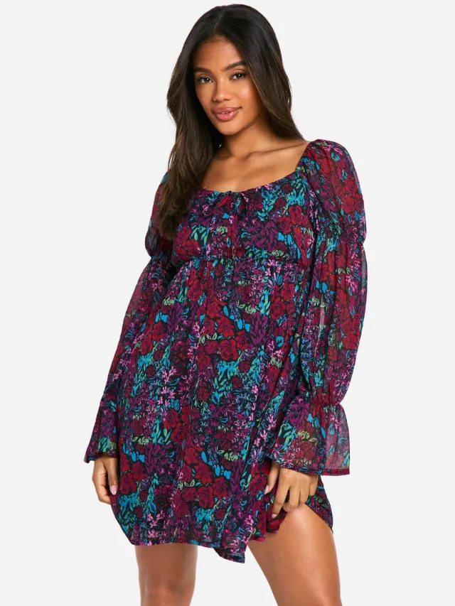 boohoo Dames Bloemen Crinkle Chiffon Lange Mouwen Smockjurk Multicolor