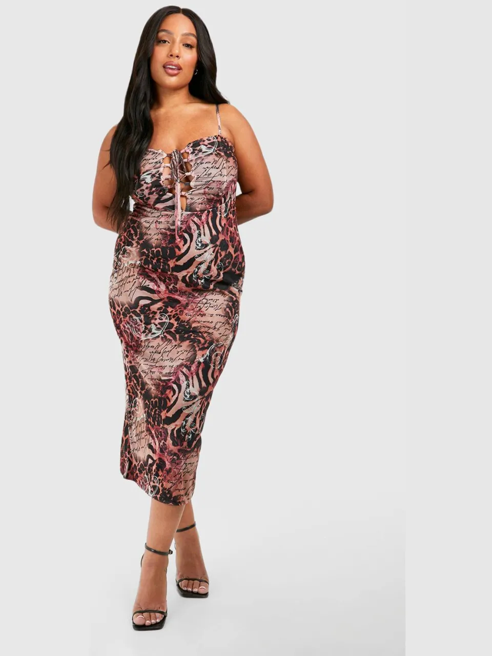 boohoo Dames Plus Mesh Gemengd Luipaardprint Gespante Corset Detail Cami Midi Jurk multicolor, foto 3