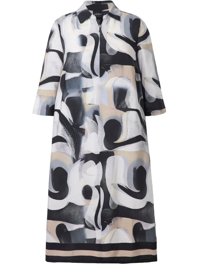 Ulla Popken Dames - Maxi-jurk lyocell grafisch A-lijn overhemdkraag 3/4-mouwen - Zwart - Maat 50+
