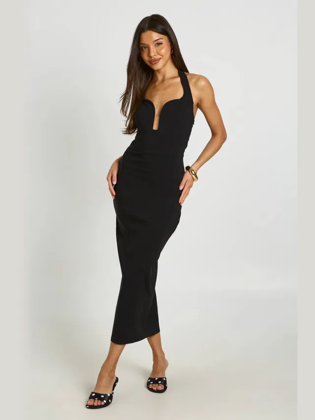 boohoo Dames Bengaline Halterneck Jurk Met Cut-out Corset In Midaxi Lengte Zwart