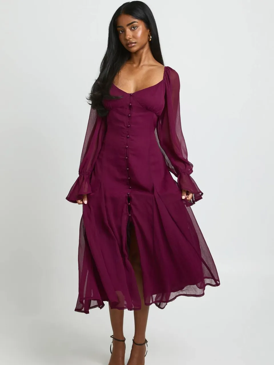 boohoo Dames Getextureerde Chiffon Godet Zoom Midi-jurk kersen, foto 2