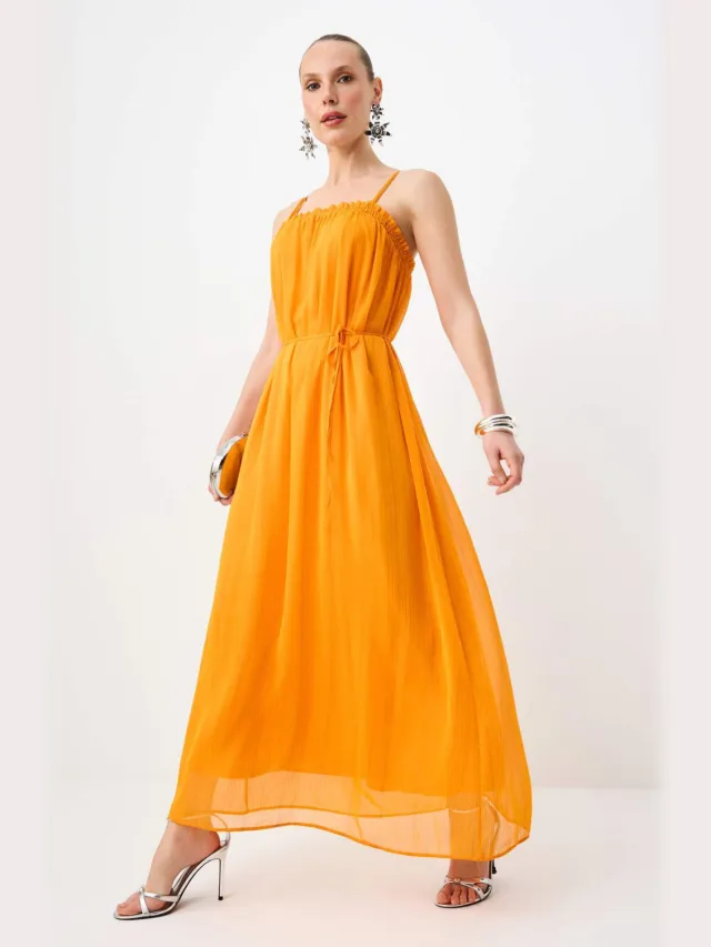 Trendyol TRENDYOLMİLLA Dames Oranje Bloemen Maxi Mouwloos Stijlvol/Avond A-lijn Jurken