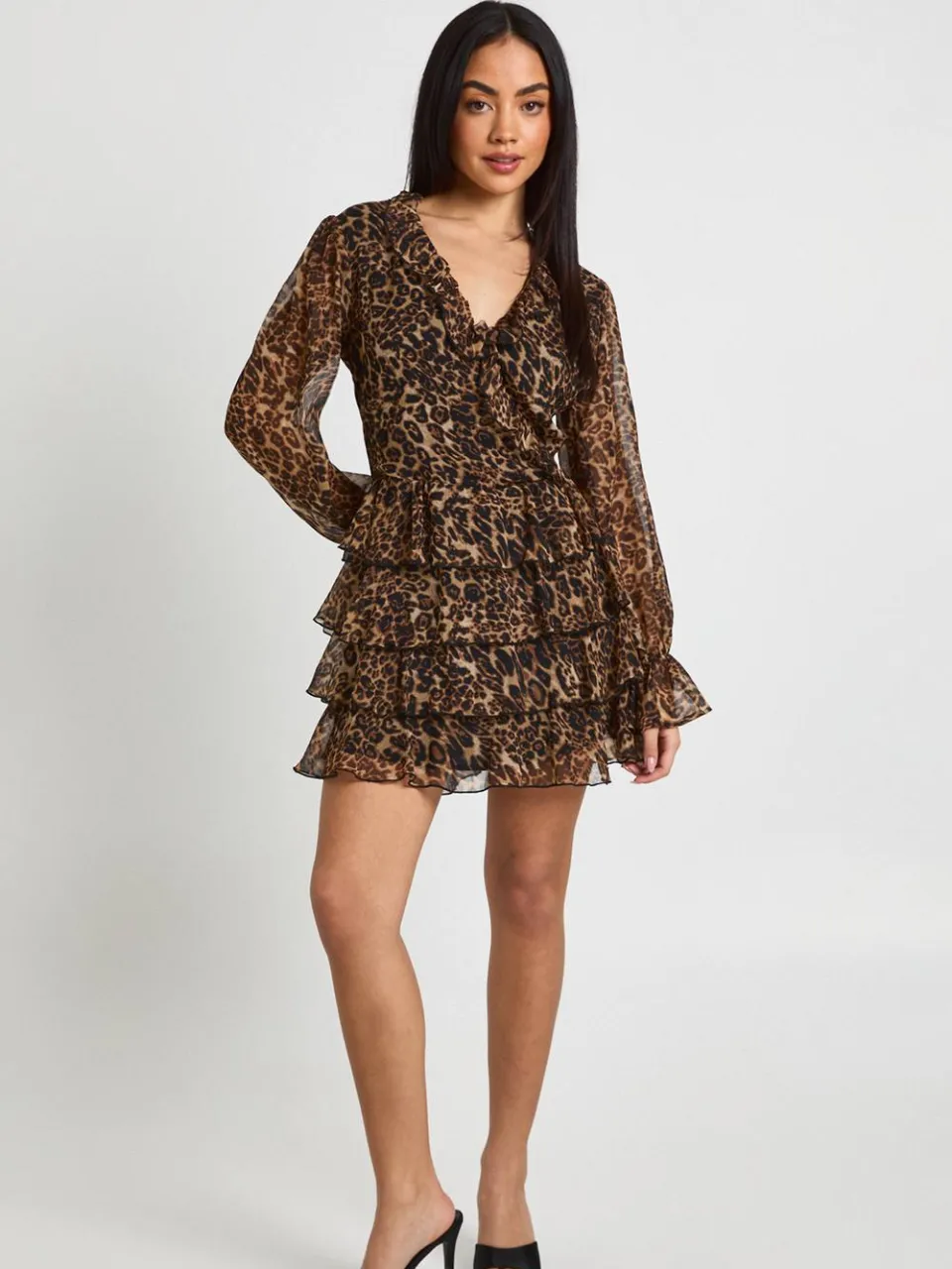 boohoo Dames Chiffon Mini Jurk met Ruffle Details en Luipaardprint
