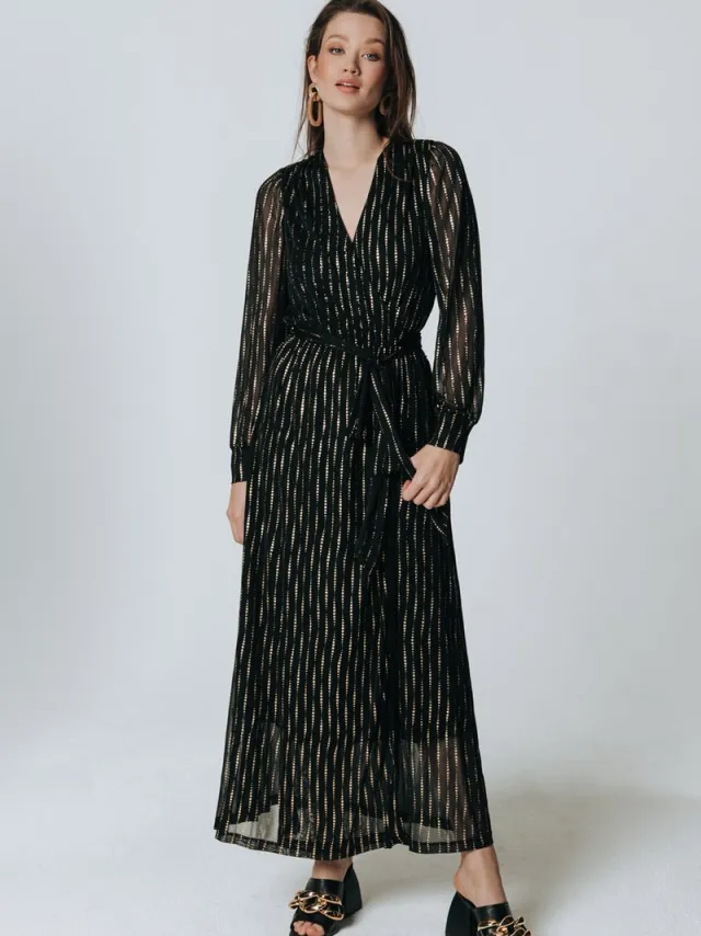 Colourful Rebel Lola Triangle Foil Longsleeve Maxi Wrap Dress Dames Jurk Black