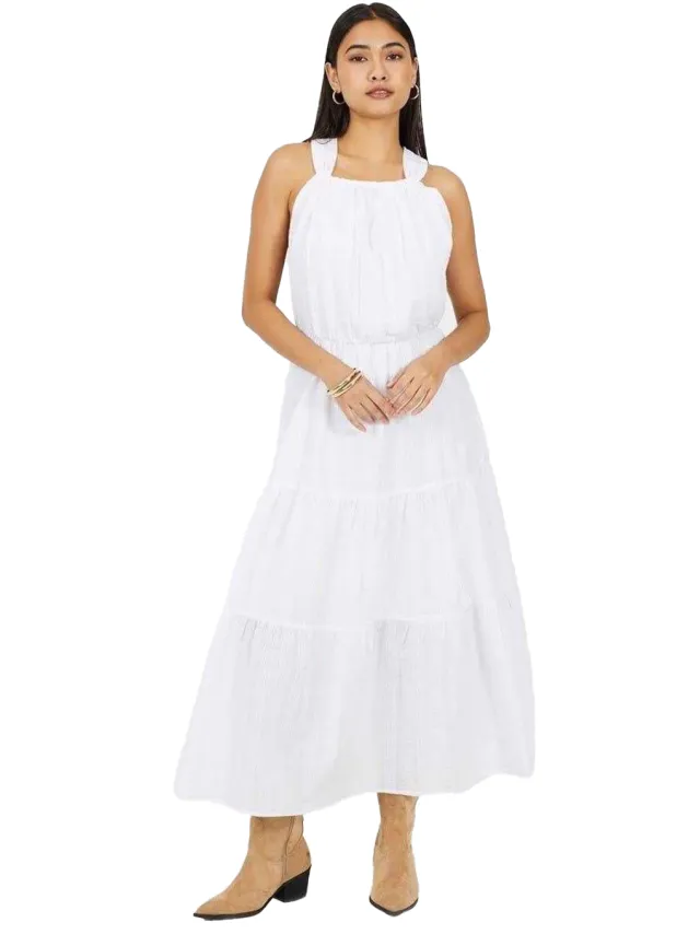 Brave Soul Dames Gelaagde Halter Nek Mouwloze Midi Jurk (Wit)