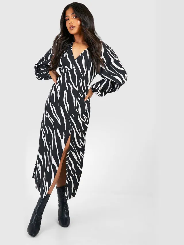 boohoo Dames Petite Dierenprint Blouson Mouw Midaxi Jurk Zwart