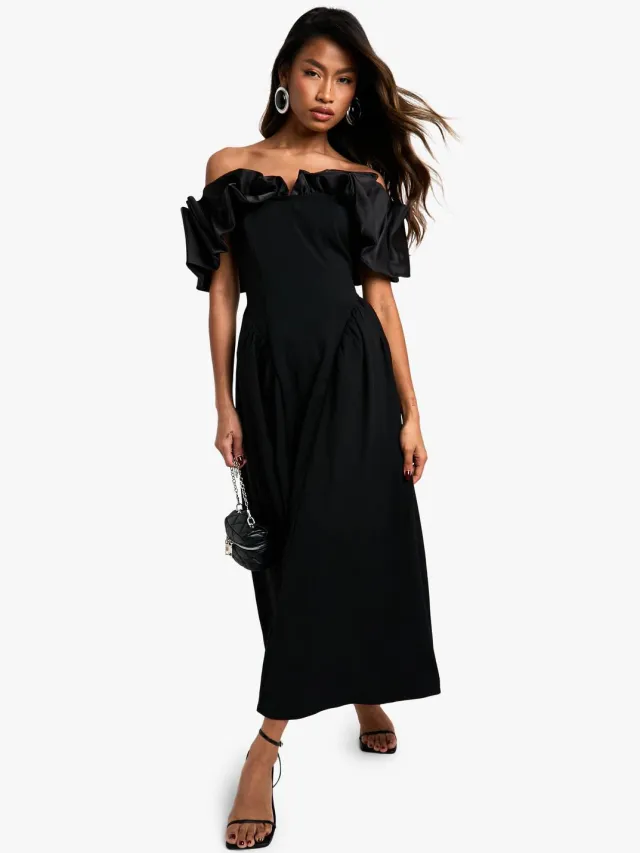 boohoo Dames Extreme Taffeta Ruffle Bardot Gestructureerde Midaxi Skaterjurk Zwart