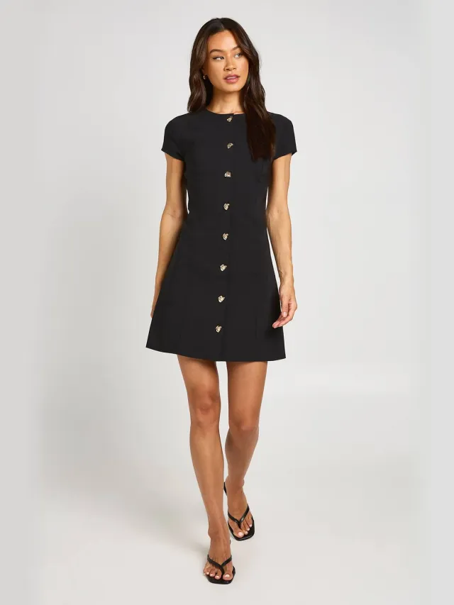 boohoo Dames Tall Bengaline Shift Jurk Met Gouden Knoopsluiting En Korte Mouwen Zwart