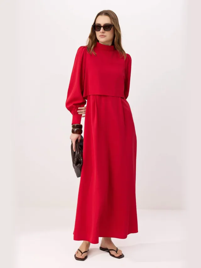 Trendyol Modest Dames Bordeaux Effen Maxi Lang Casual A-lijn Modest Jurken Bordeauxrood