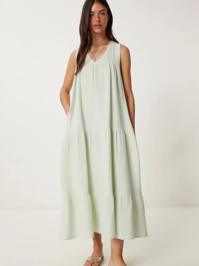 Happiness Istanbul Rimpel V-hals Midi-jurk Mint