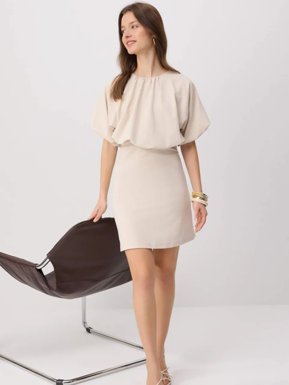Trendyol TRENDYOLMİLLA Dames Beige Effen Kort / Mini Kort Bodycon Jurken Gebroken wit