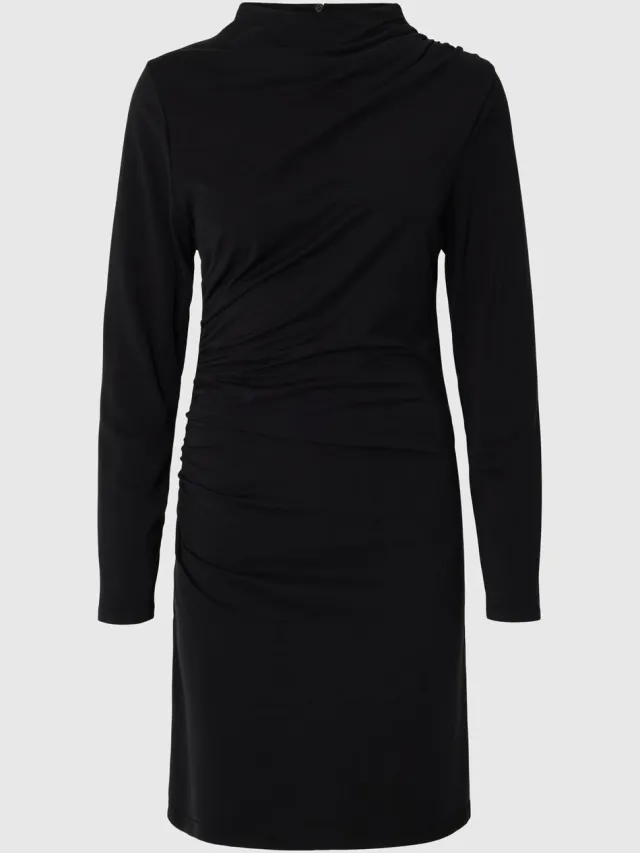 Selected midi-jurk Gedrapeerde hoge kraag Black1