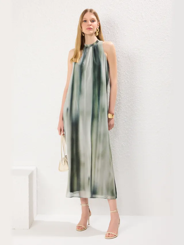 Trendyol TRENDYOLMİLLA Dames Groen Abstract Maxi Mouwloos Avond / Dagelijks Recht Jurken