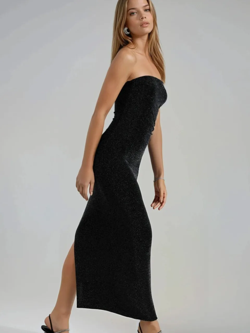 Busem Glanzende Straploze Bodycon Maxi Jurk zwart, foto 2
