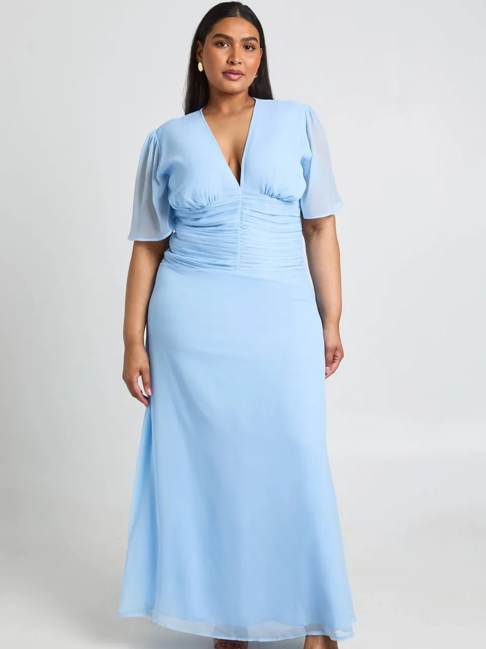 boohoo Dames Plus Chiffon Geplooide Taille Maxi Jurk poederblauw, foto 3