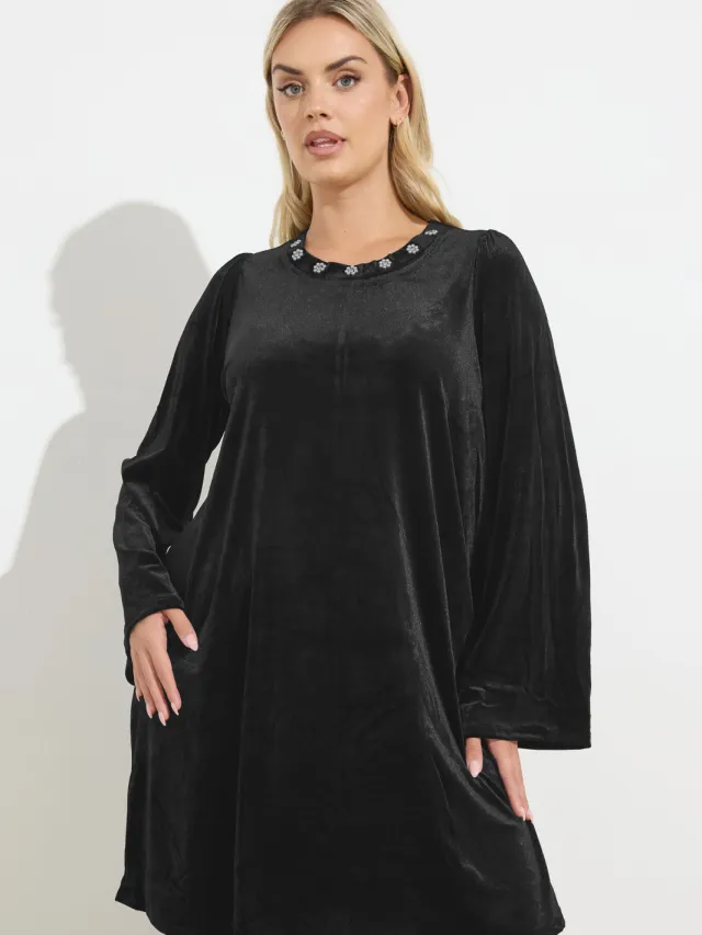 Yours Zwarte Velours Versierde Shiftjurk-56 Black
