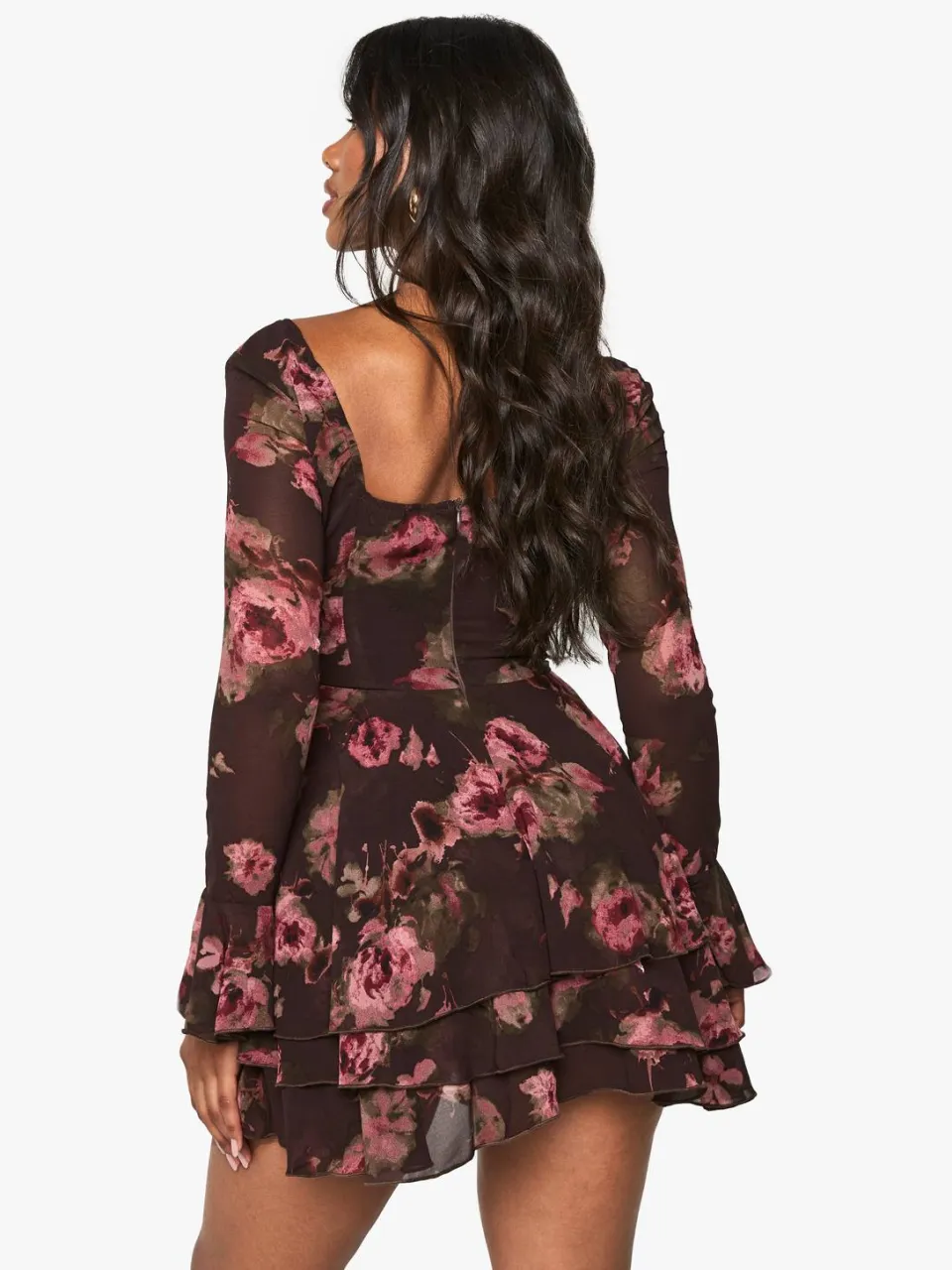 boohoo Dames Bloemrijke Chiffon Skaterjurk bruin, foto 2