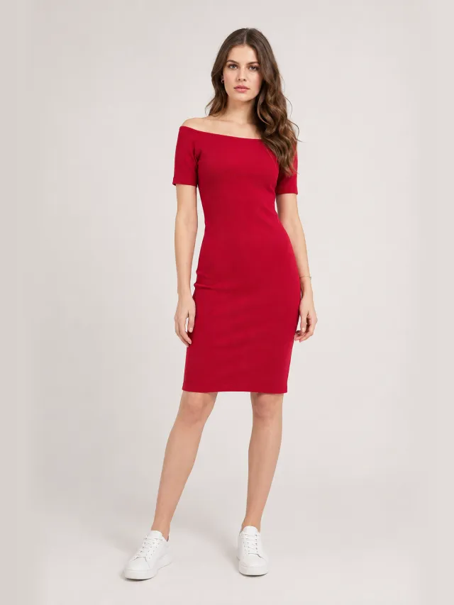 Conquista Off-shoulder geribbelde midi-jurk Rood