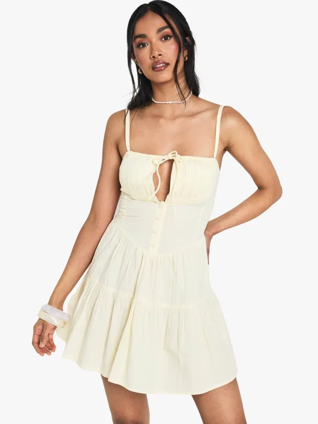 boohoo Dames Katoenen Melkmeisje Mini Jurk Citroen