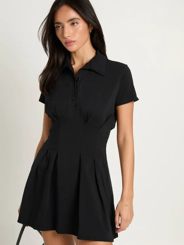 boohoo Dames Katoenen Geplooide Mini-jurk Met Kraag Zwart