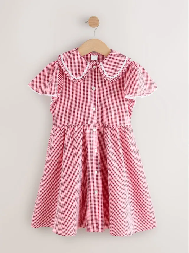 Next Meisjes - Katoenrijke gingham schooljurk met wijde mouwen - Rood Red