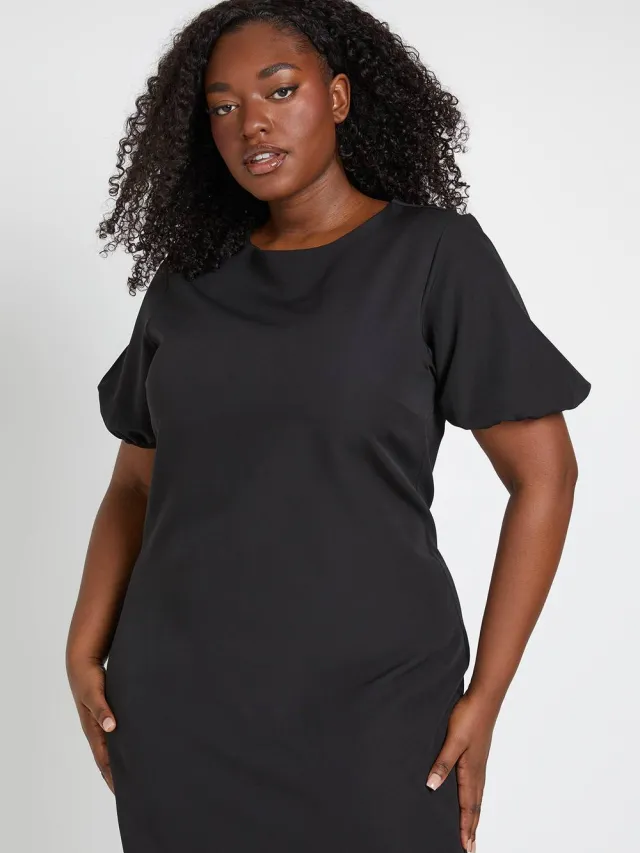 boohoo Dames Plus Getailleerde Pofmouw Shift Jurk zwart