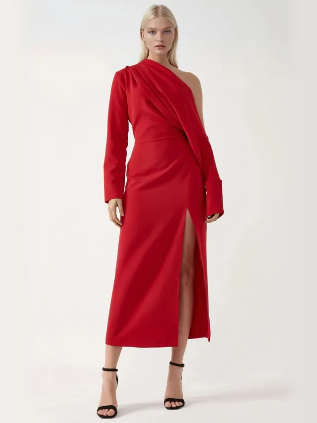 Hiccup Asymmetrische Kraag Bodycon Midi Jurk met Splits Rood