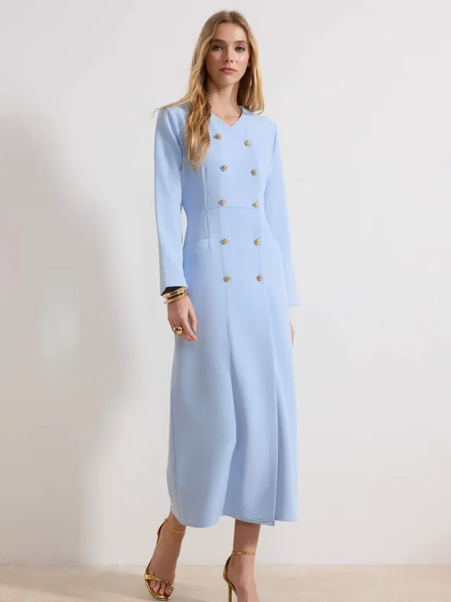 Trendyol Modest Dames Blauw Effen Maxi Lang Zakelijk Double-breasted Modest Jurken