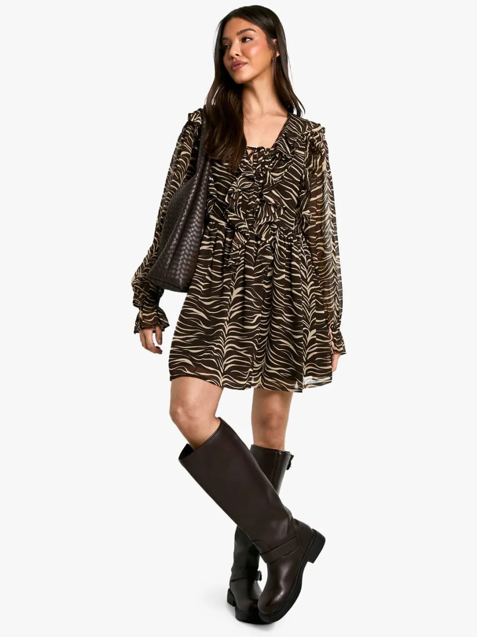 boohoo Dames Zebra Ruffle Smock Jurk zwart, foto 3