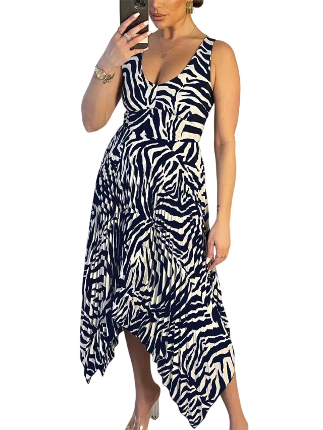 AX Paris Midi-jurk met plooien en zebraprint voor dames (Marine/Crème), foto 2