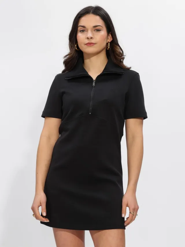 Calvin Klein Dames Jurken Ss Spacer Mixed Media Rib Mock - Zwart