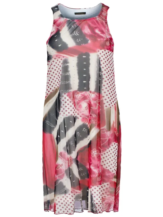 Conquista Mouwloze midi-jurk – abstracte rode print, transparant nylon mesh, volledig gevoerd met katoen veelkleurig, foto 2