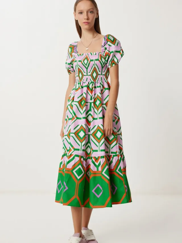 Happiness Istanbul Batikprint Midi-jurk met Ruffle Detail Groen