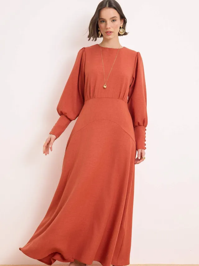 Trendyol Modest Dames Bruin Effen Maxi Lang Casual Skater Modest Jurken