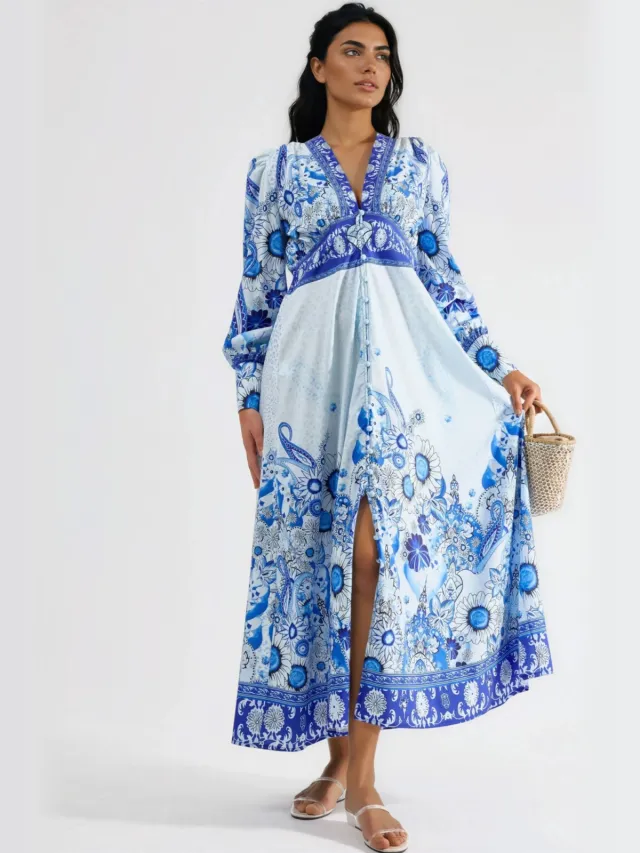 MSN Collection Florale Maxi-jurk met Paneelontwerp Blauw