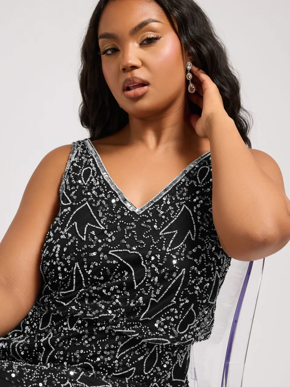Luxe: Ultimate Embellishment Luxe Zwarte Maxijurk Met Paillettenversieringsize 42, foto 5
