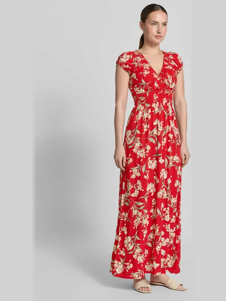 Apricot maxi-jurk van viscose met v-hals en smokdetails Rood
