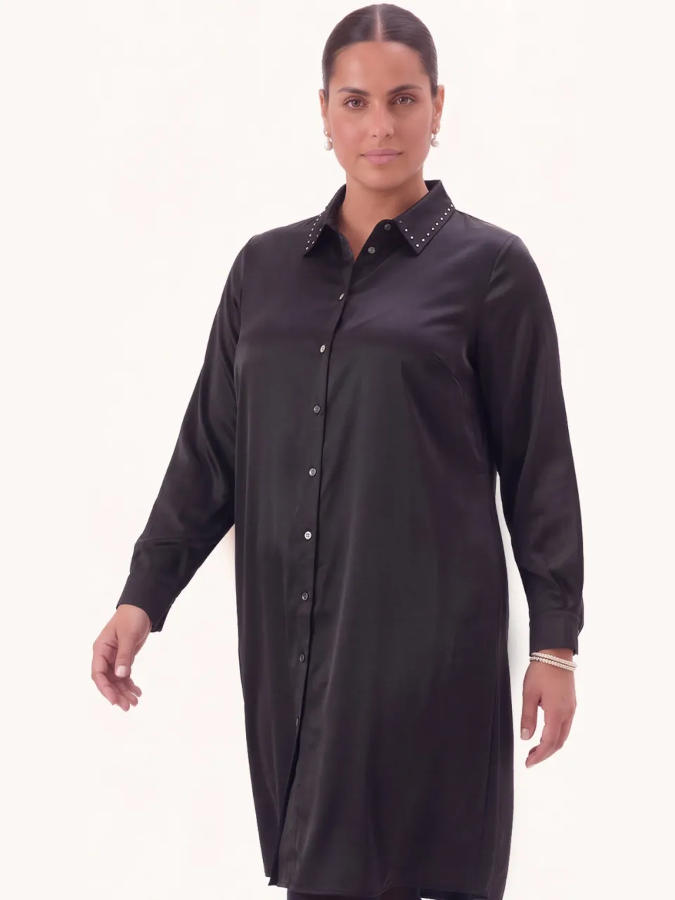 Yoek Blouse-jurk SATIN | Zwart, foto 2