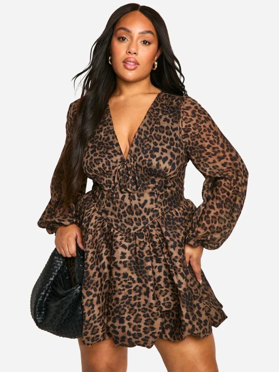 boohoo Dames Plus Milkmaid Gewoven Luipaard Bubble Hem Skater Jurk luipaardprint, foto 3