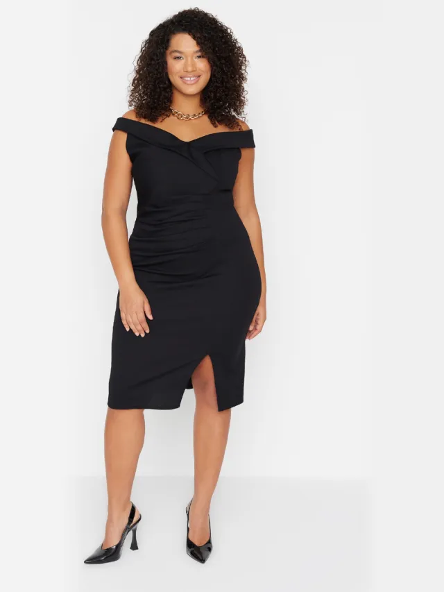 Trendyol Curve Dames Zwart Effen Kort / Mini Mouwloos Stijlvol/Avond Bodycon Grote maten Jurk