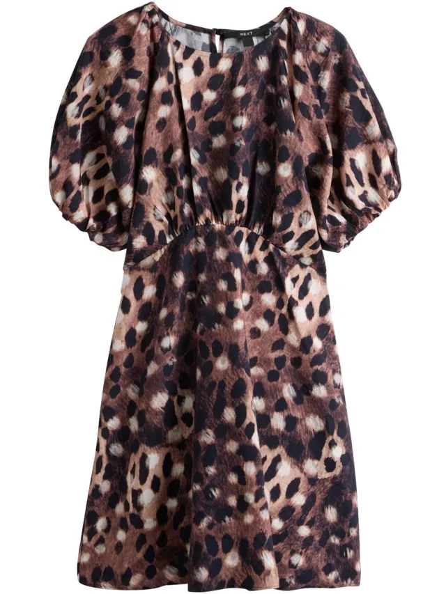 Next Dames - Mini-jurk met pofmouwen - Dierenprint Brown Deer Print