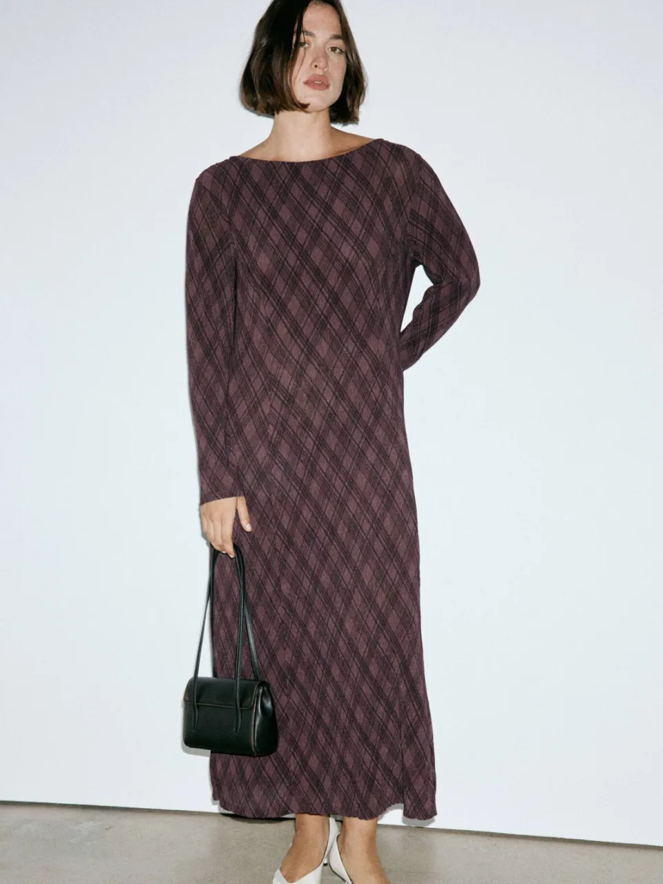 Mango geruite midi jurk - bruin, foto 3
