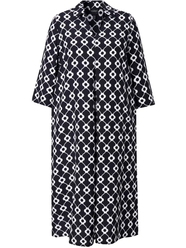 Ulla Popken Dames - Lyocell midi-jurk bloemen A-lijn V-hals 3/4-mouw - Zwart - Maat 50+