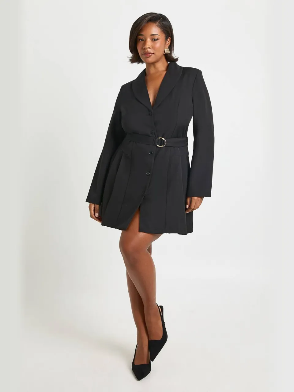 boohoo Dames Plus gespdetail gebonden taille getailleerde blazerjurk zwart, foto 3