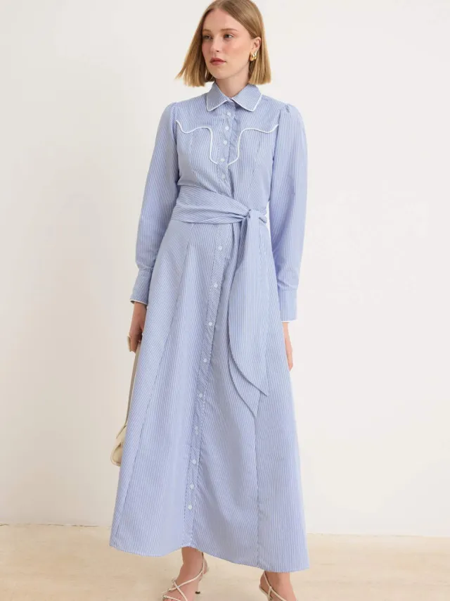 Trendyol Modest Dames Blauw Gestreept Maxi Lang Skater Modest Jurken