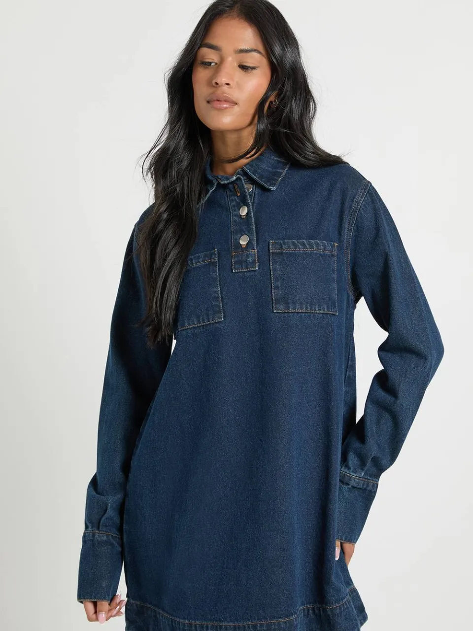 boohoo Dames Denimjurk met lange mouwen voor lange vrouwen, foto 3