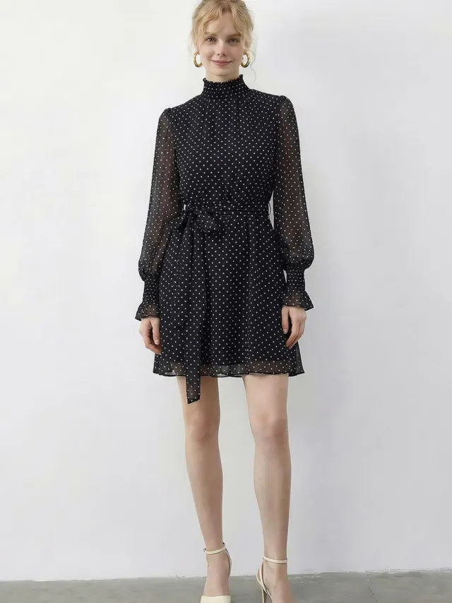 Bianco Lucci Gestipte Halve Col Mini Jurk met Riem Zwart