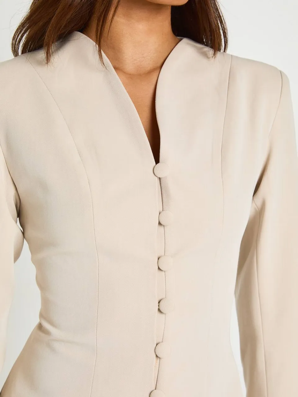 boohoo Dames Getailleerde Blazerjurk Met Hoge Hals En Knoopdetail steen, foto 3
