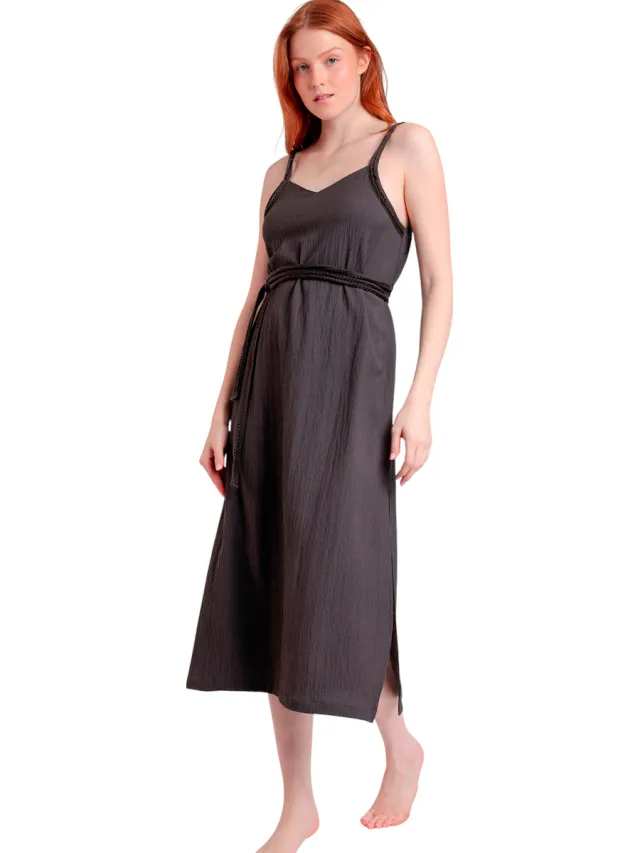 Admas Jurk Admas Halflange zomerjurk met dunne bandjes Linen Style Bruin